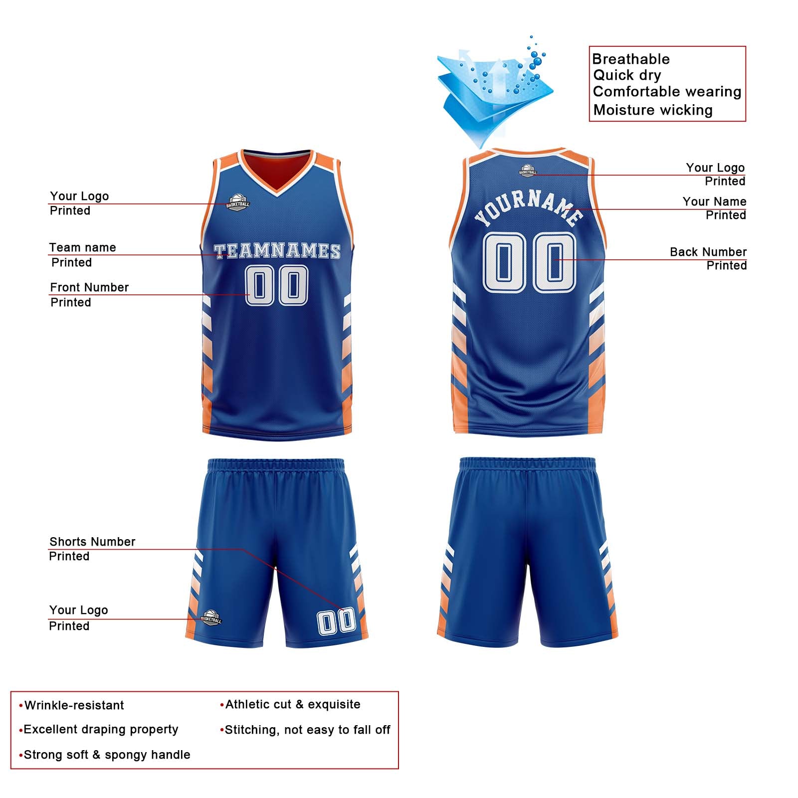 Custom Blue Orange White Reversible Basketball Suit for Adults and Kids Personalized Jersey