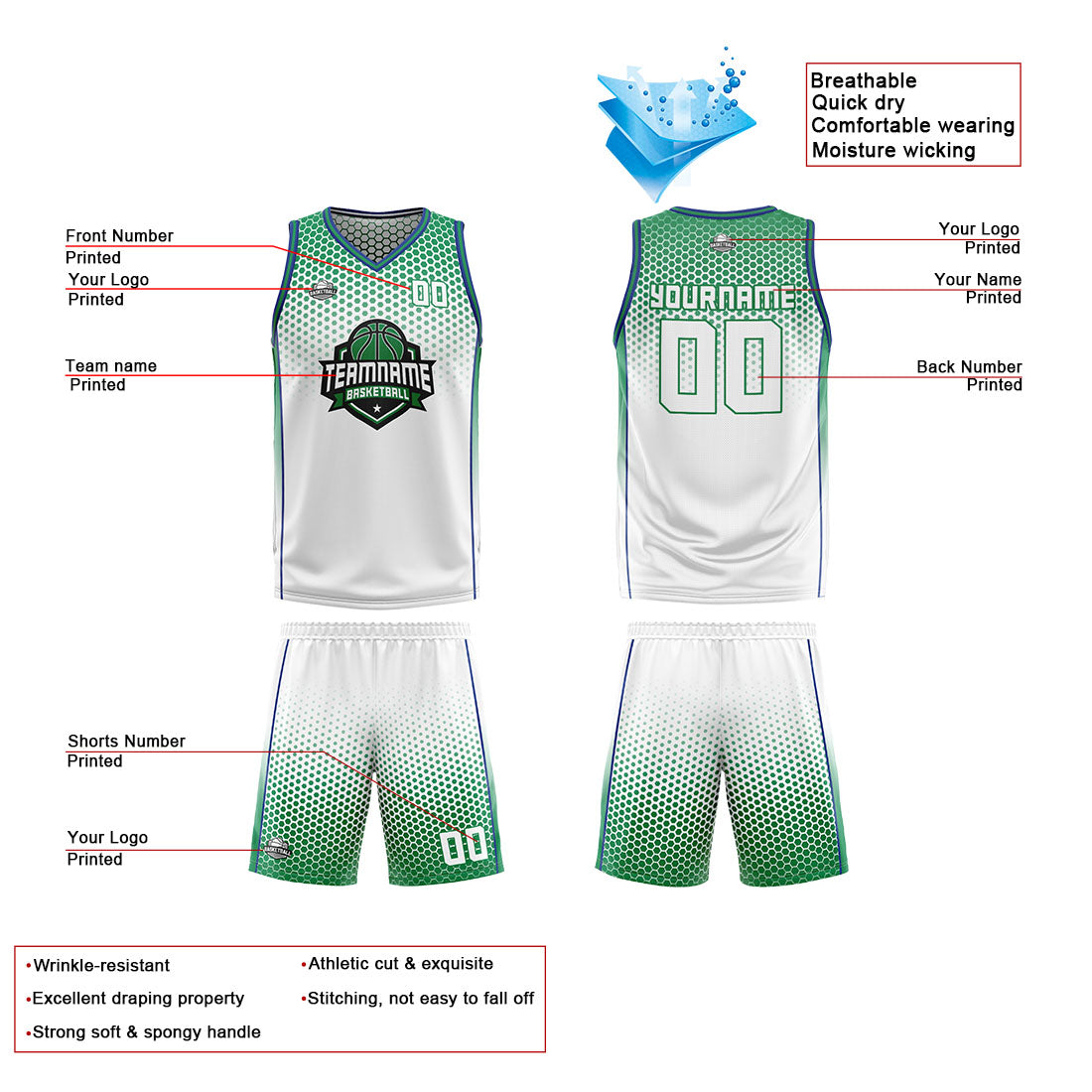 Custom White Green Blue Reversible Basketball Suit for Adults and Kids Personalized Jersey