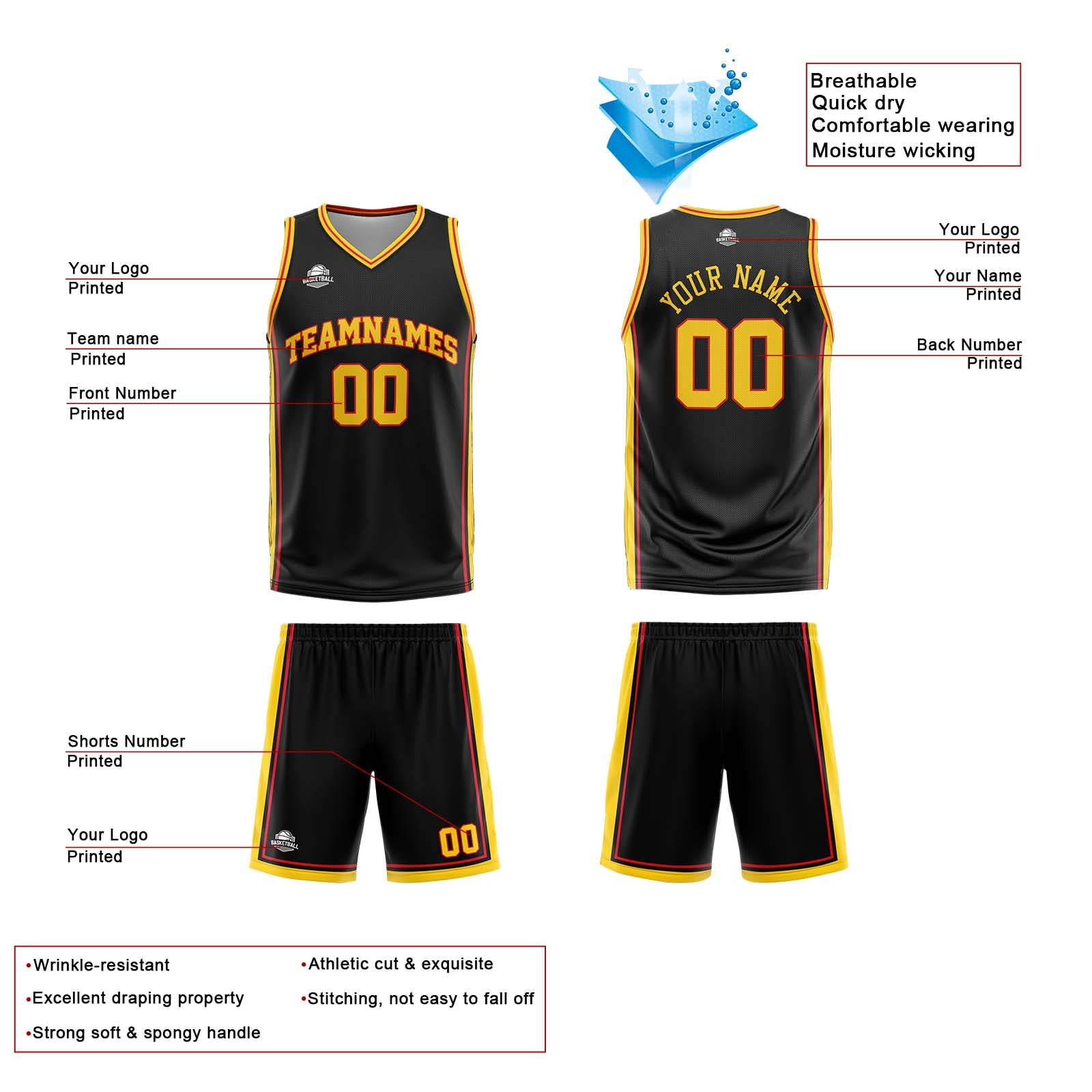 Custom Black White Yellow Red Reversible Basketball Suit for Adults and Kids Personalized Jersey