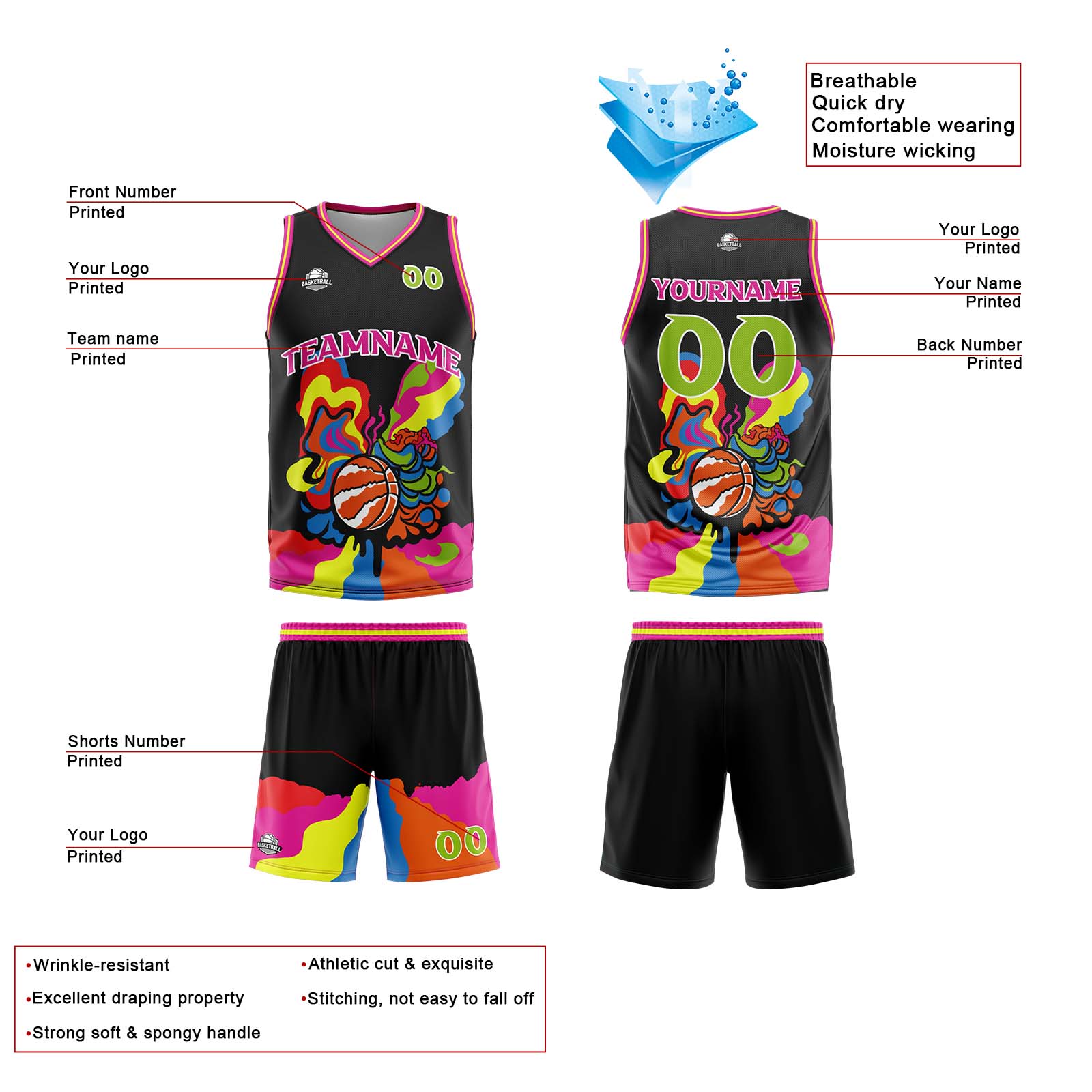 Custom Black Basketball Jersey Uniform Suit Printed Your Logo Name Number