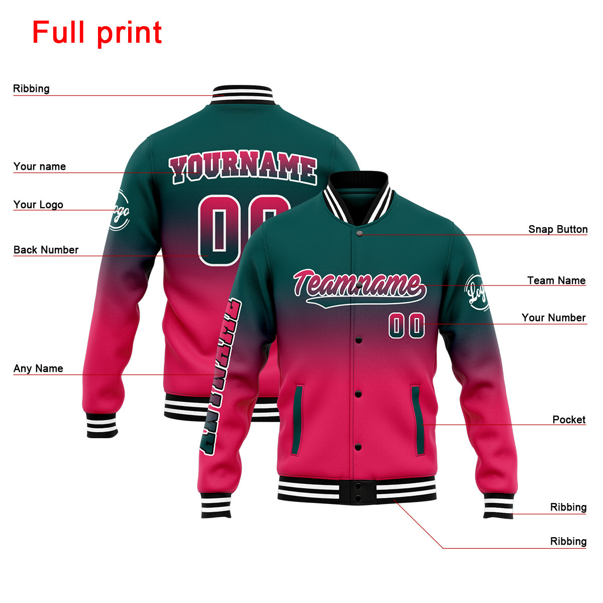 Custom Varsity Jacket Letterman jacket for Men, Women and Youth Dark Green&Pink
