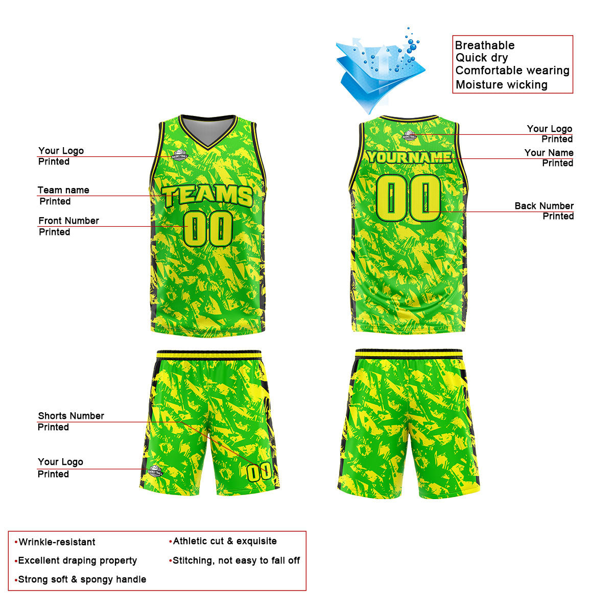Custom Broken Green Yellow Basketball Jersey Uniform Suit Printed Your Logo Name Number