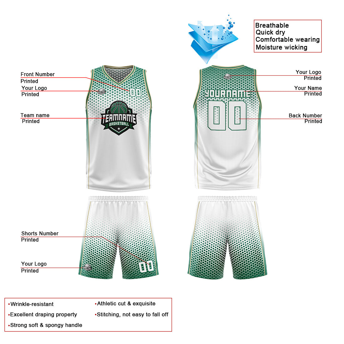 Custom White Green Reversible Basketball Suit for Adults and Kids Personalized Jersey