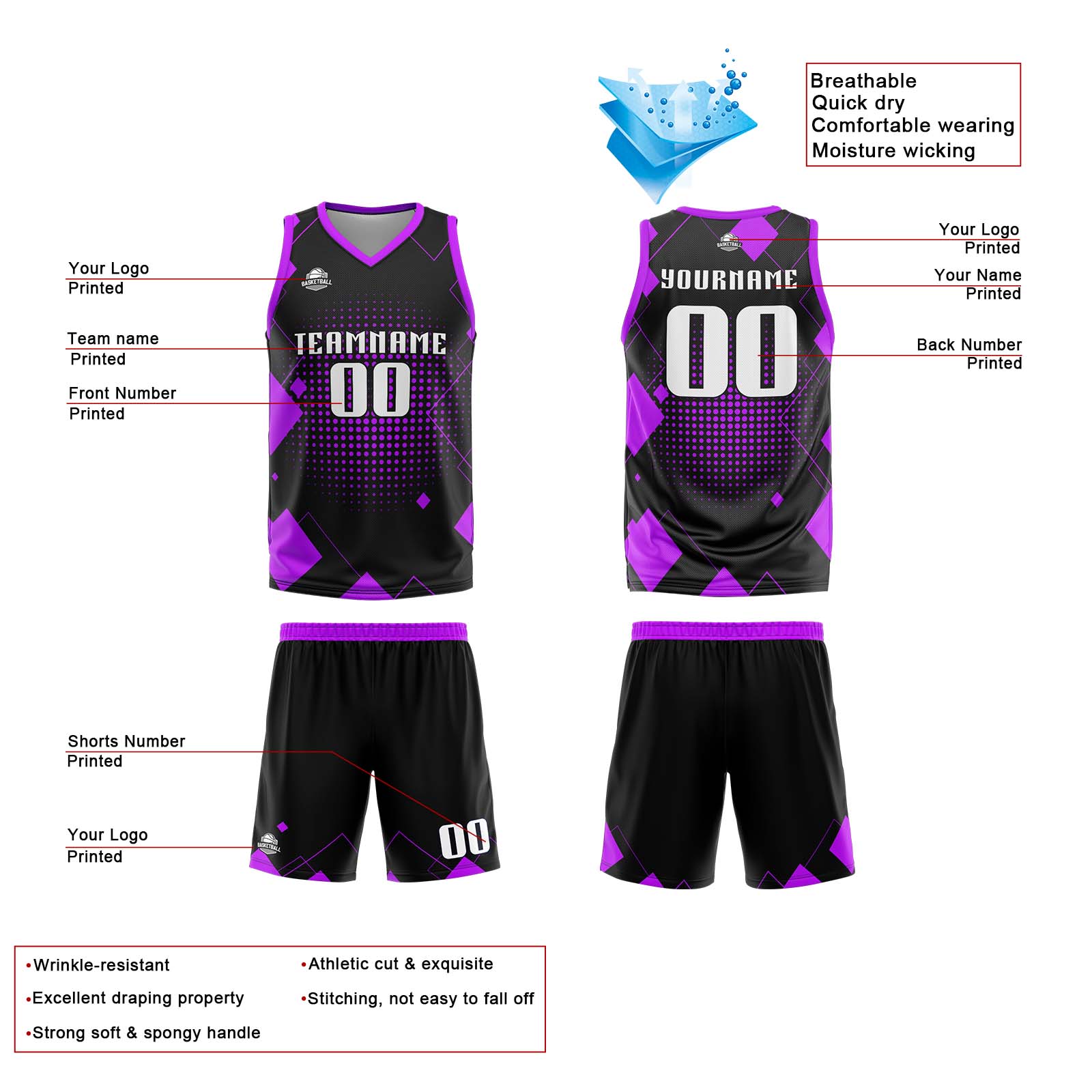 Custom Geometry Purple Basketball Jersey Uniform Suit Printed Your Logo Name Number
