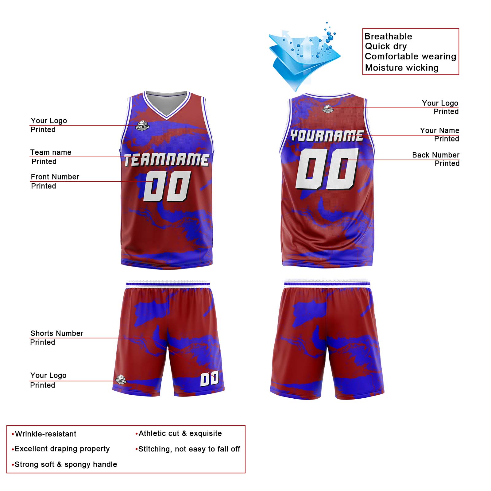 Custom Red Royal Basketball Jersey Uniform Suit Printed Your Logo Name Number