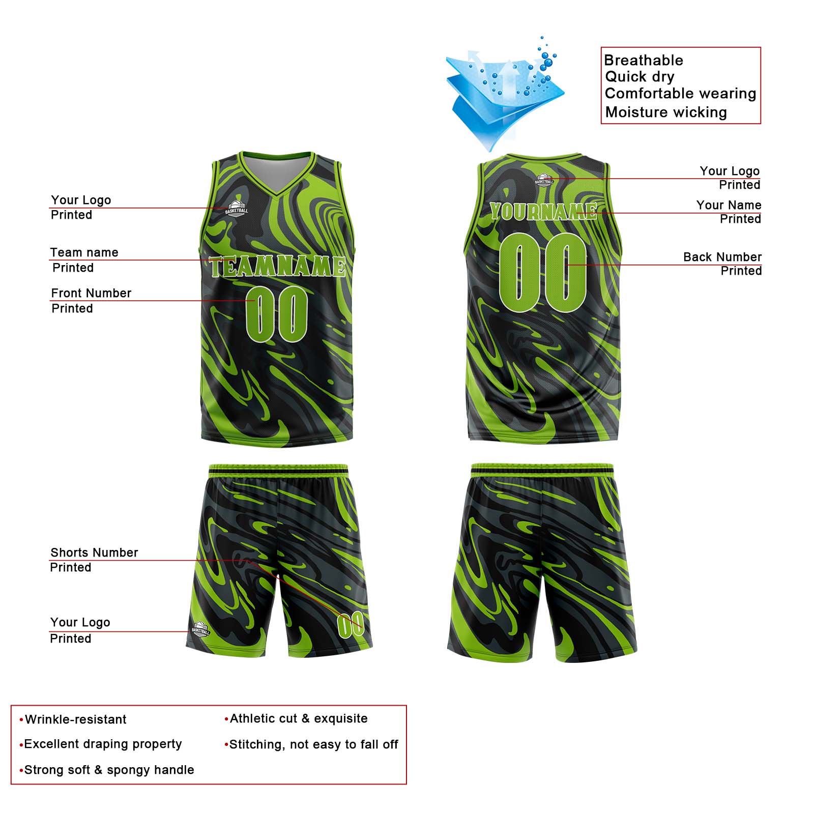 Custom Fluid Green Black Basketball Jersey Uniform Suit Printed Your Logo Name Number
