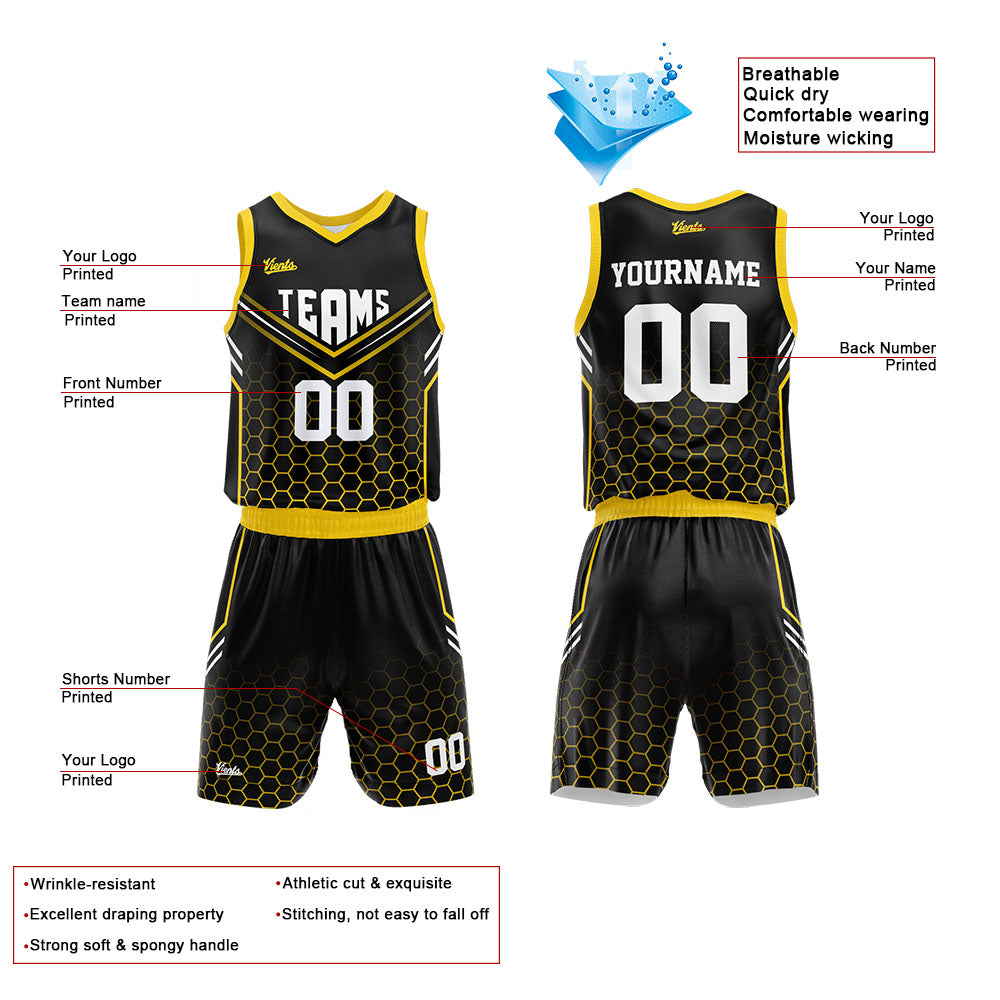 Custom Black Yellow Basketball Jersey Uniform Suit Printed Your Logo Name Number