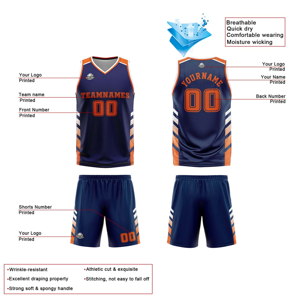 Custom Navy White Orange Reversible Basketball Suit for Adults and Kids Personalized Jersey