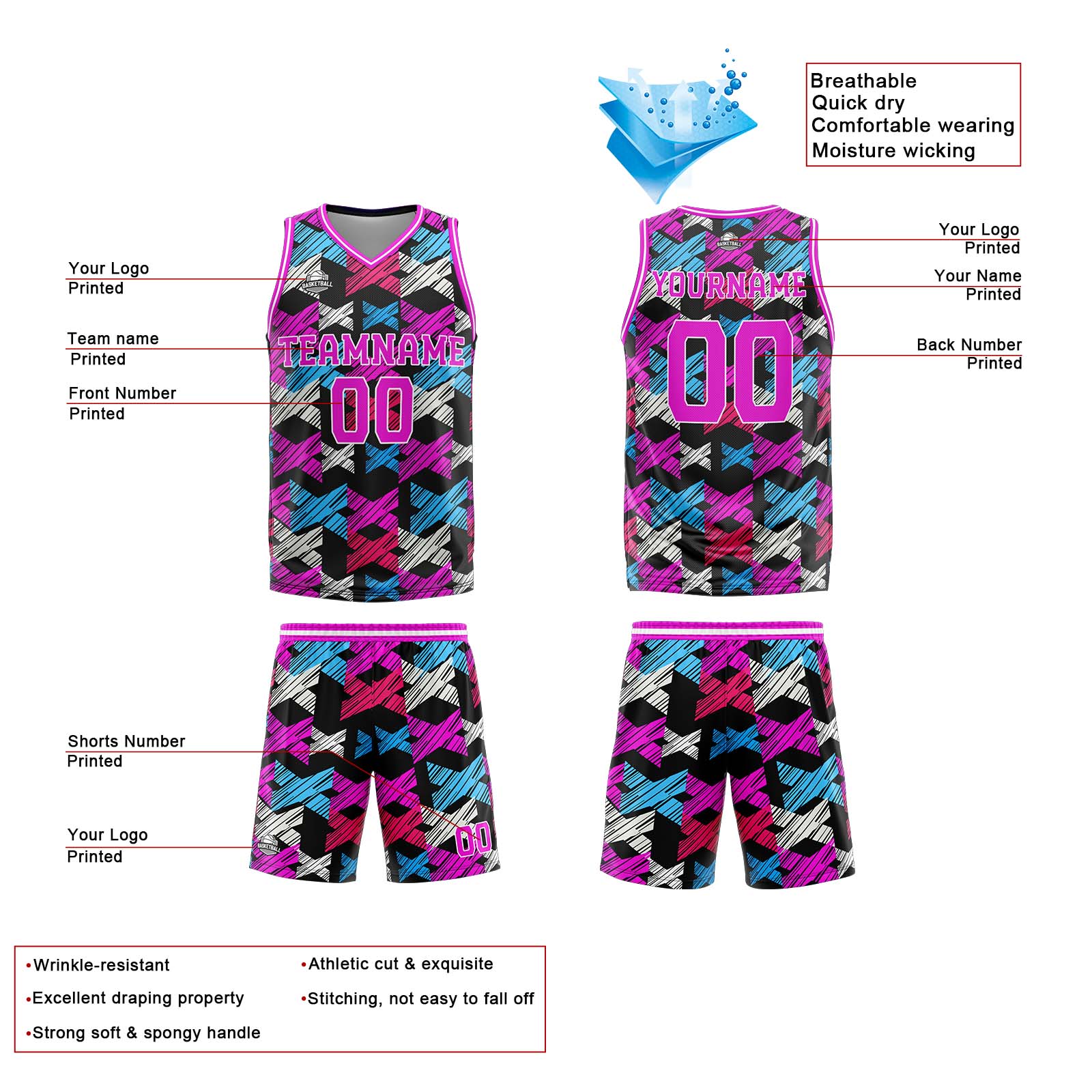 Custom Rose Pink Basketball Jersey Uniform Suit Printed Your Logo Name Number