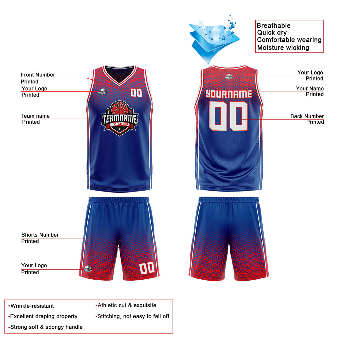 Custom Blue Red Reversible Basketball Suit for Adults and Kids Personalized Jersey