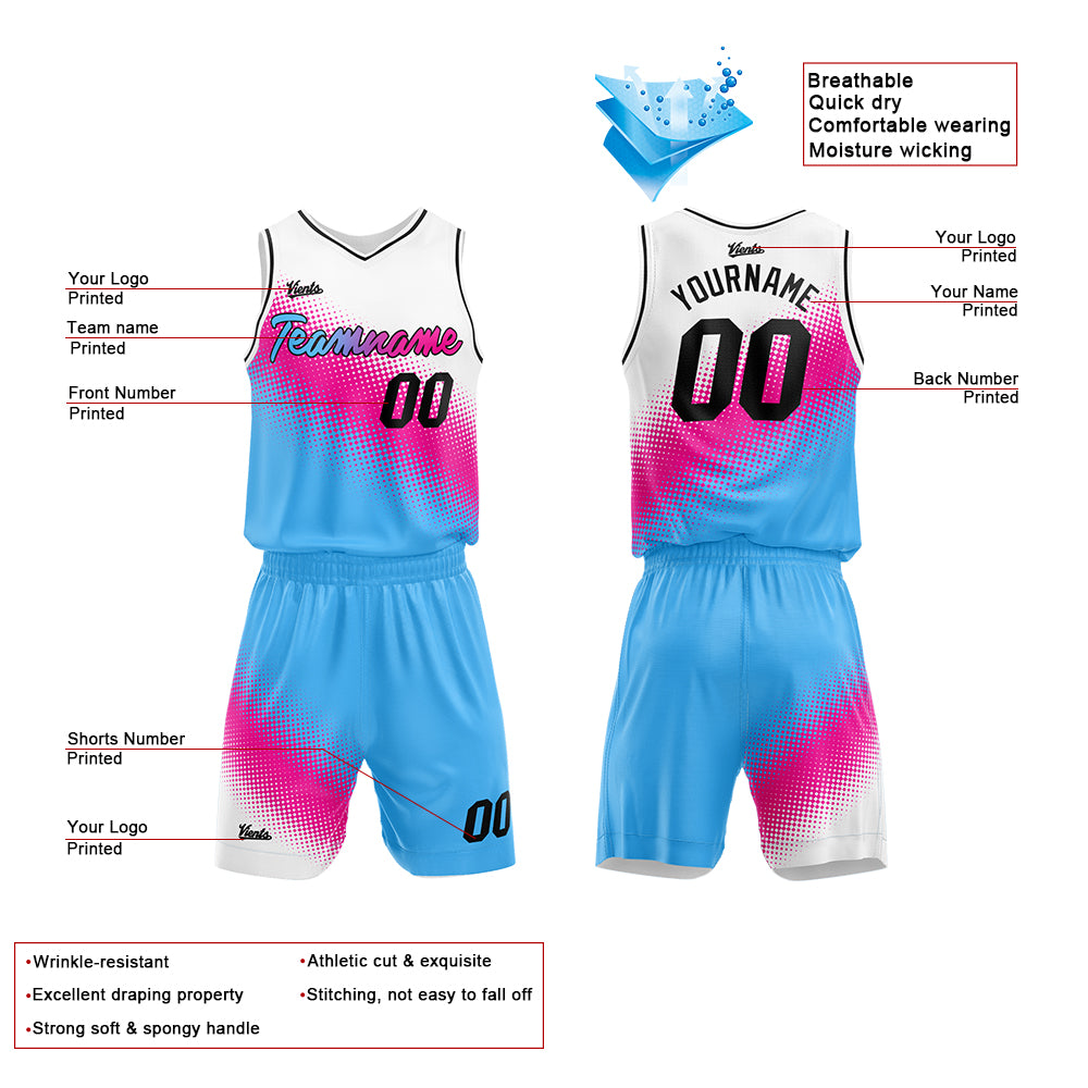 Custom White Hot Pink Light Blue Basketball Jersey Uniform Suit Printed Your Logo Name Number