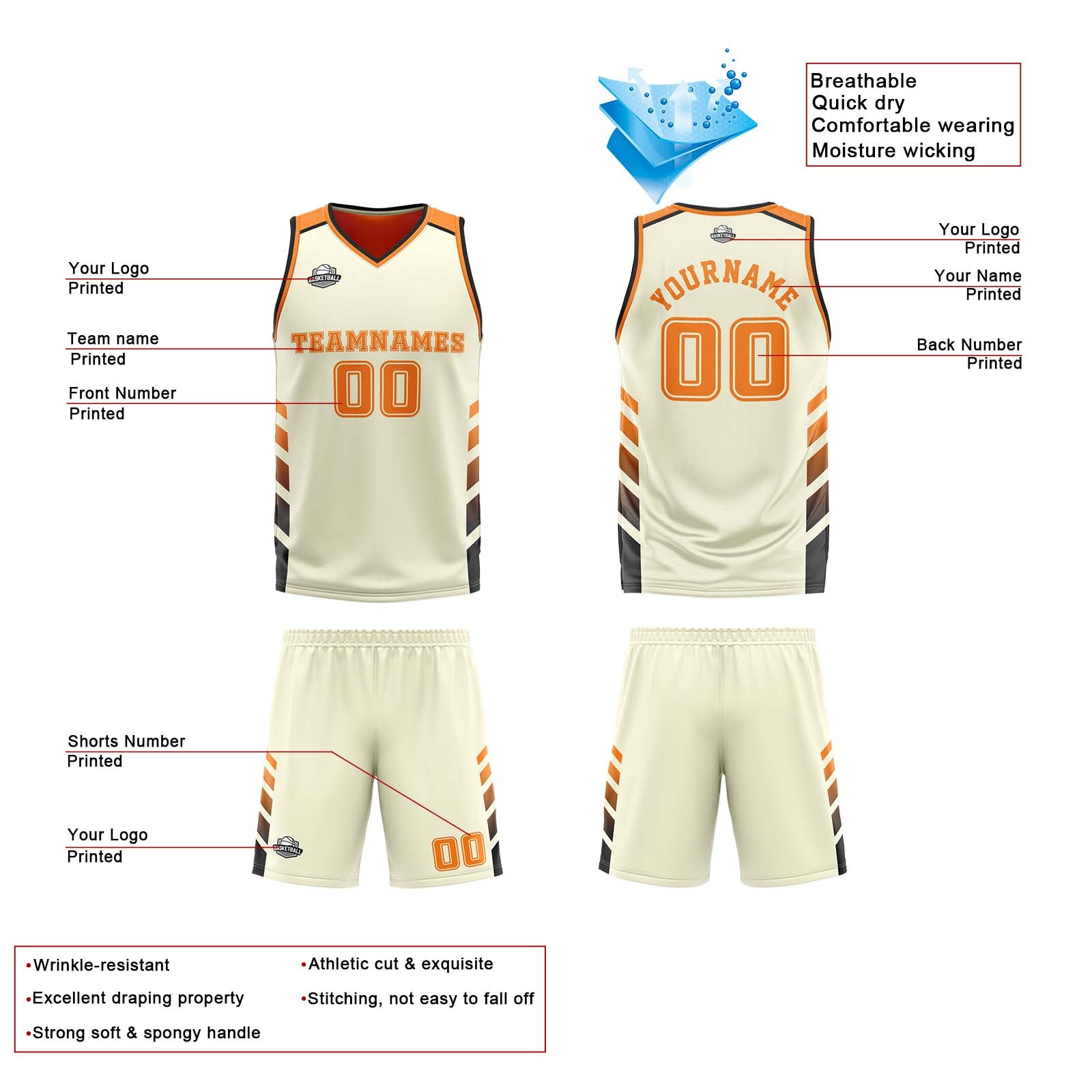 Custom Cream Orange Black Reversible Basketball Suit for Adults and Kids Personalized Jersey