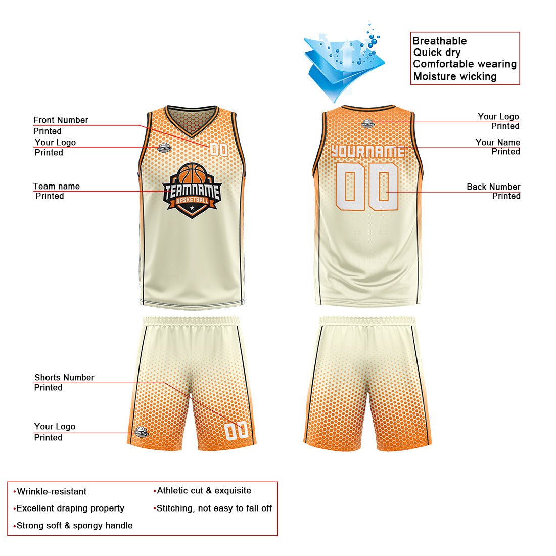 Custom Cream Orange Black Reversible Basketball Suit for Adults and Kids Personalized Jersey