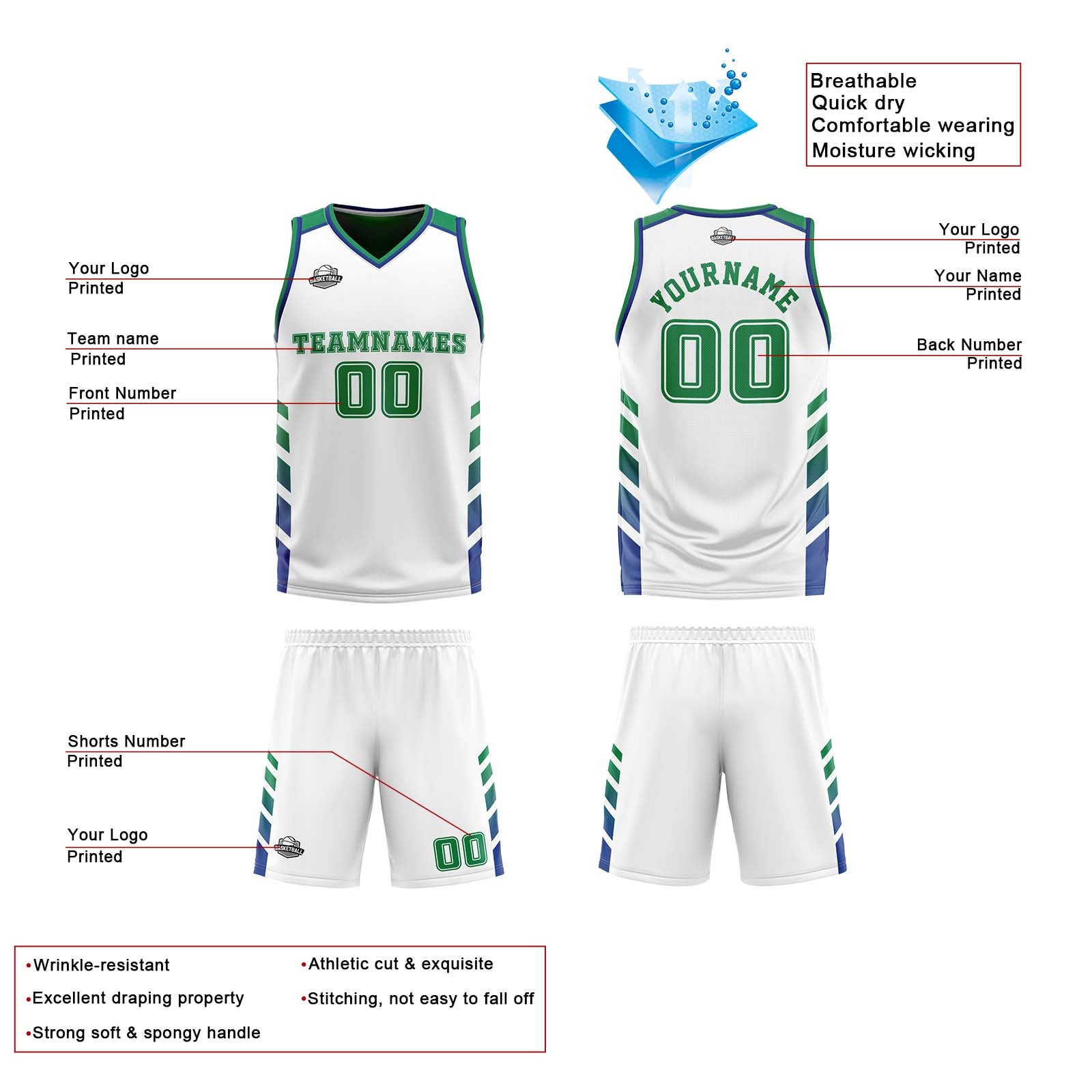 Custom White Green Reversible Basketball Suit for Adults and Kids Personalized Jersey