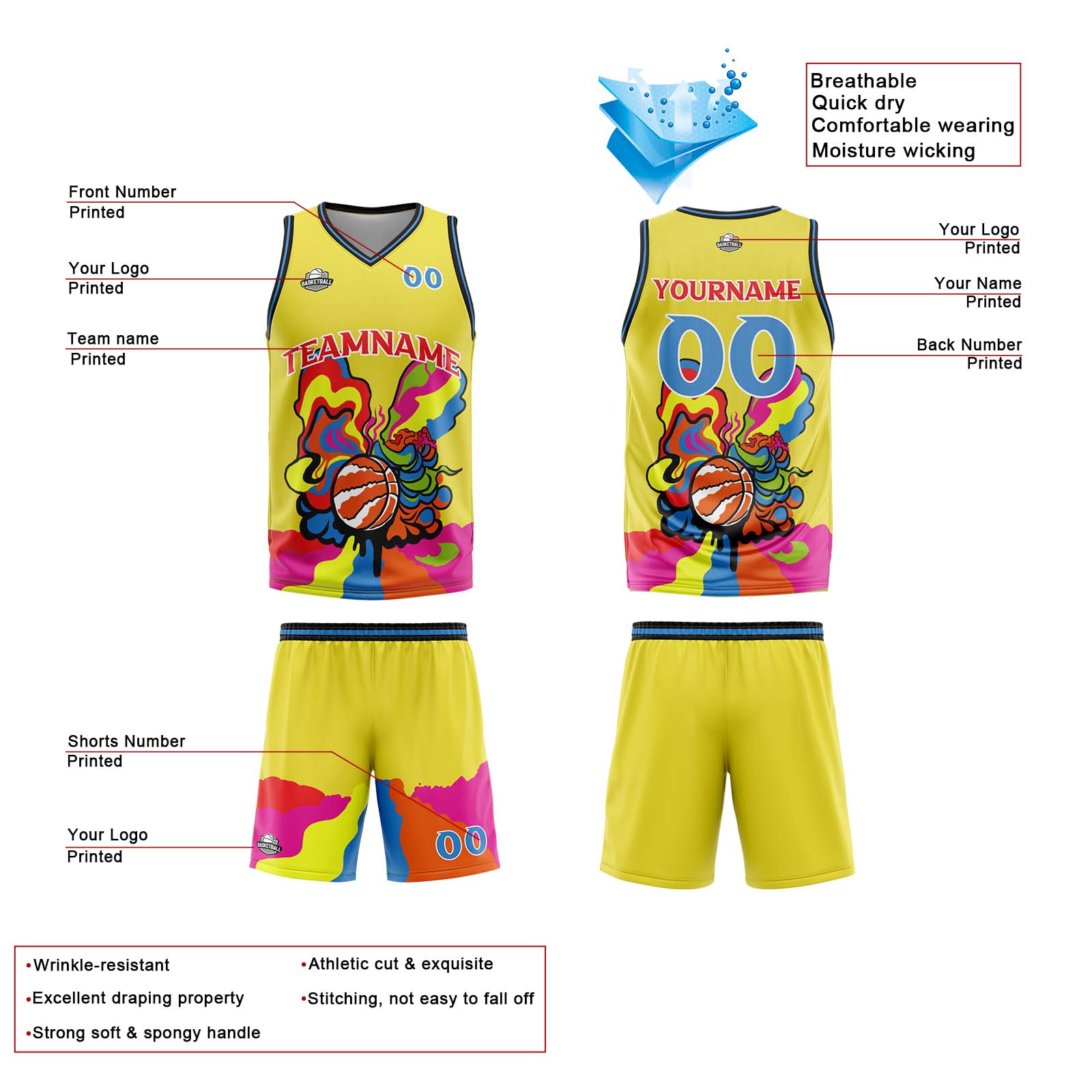 Custom Yellow Basketball Jersey Uniform Suit Printed Your Logo Name Number