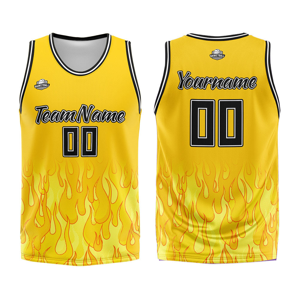 Custom Yellow flame Basketball Jersey Uniform Suit Printed Your Logo Name Number