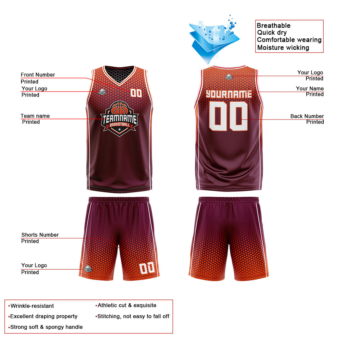 Custom Burgundy Orange White Reversible Basketball Suit for Adults and Kids Personalized Jersey
