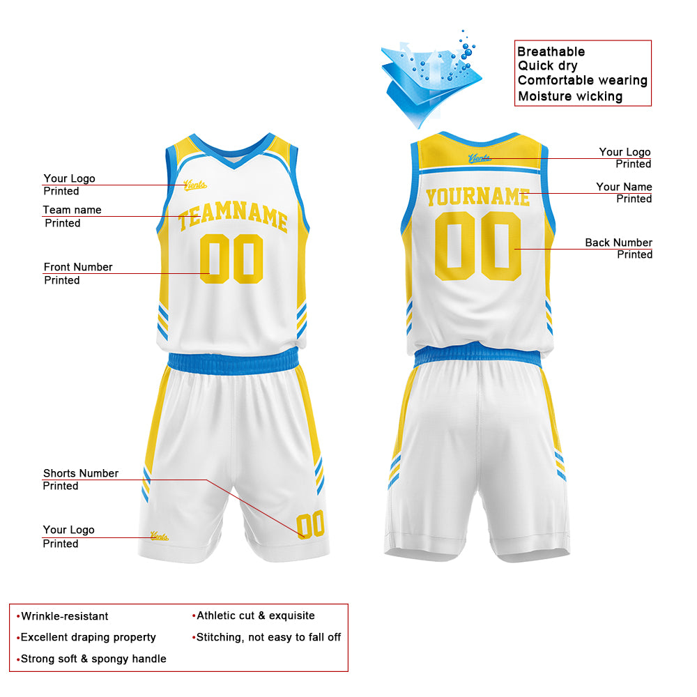 Custom White Blue Yellow Basketball Jersey Uniform Suit Printed Your Logo Name Number