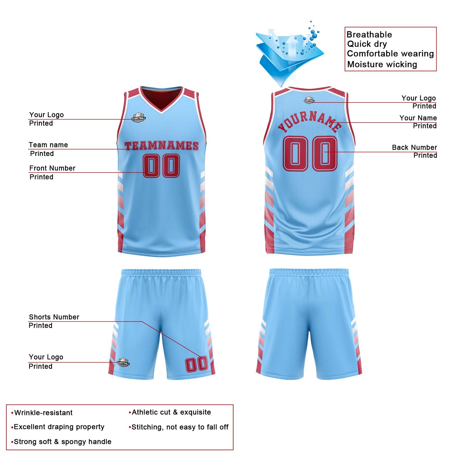 Custom Light Blue White Reversible Basketball Suit for Adults and Kids Personalized Jersey
