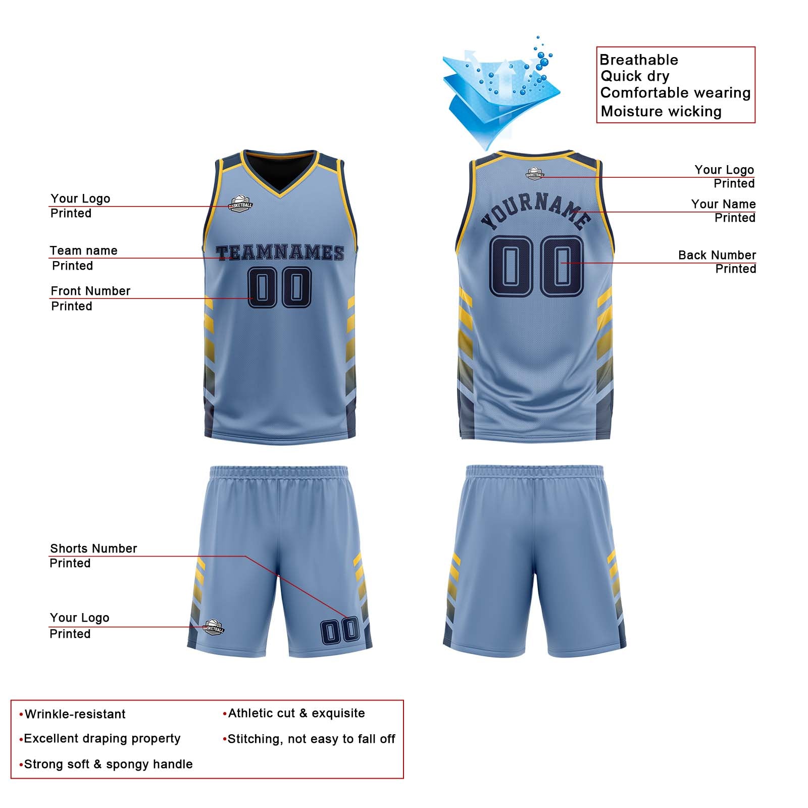 Custom Light Blue Navy Yellow Reversible Basketball Suit for Adults and Kids Personalized Jersey