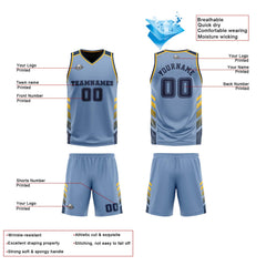 Custom Light Blue Navy Yellow Reversible Basketball Suit for Adults and Kids Personalized Jersey