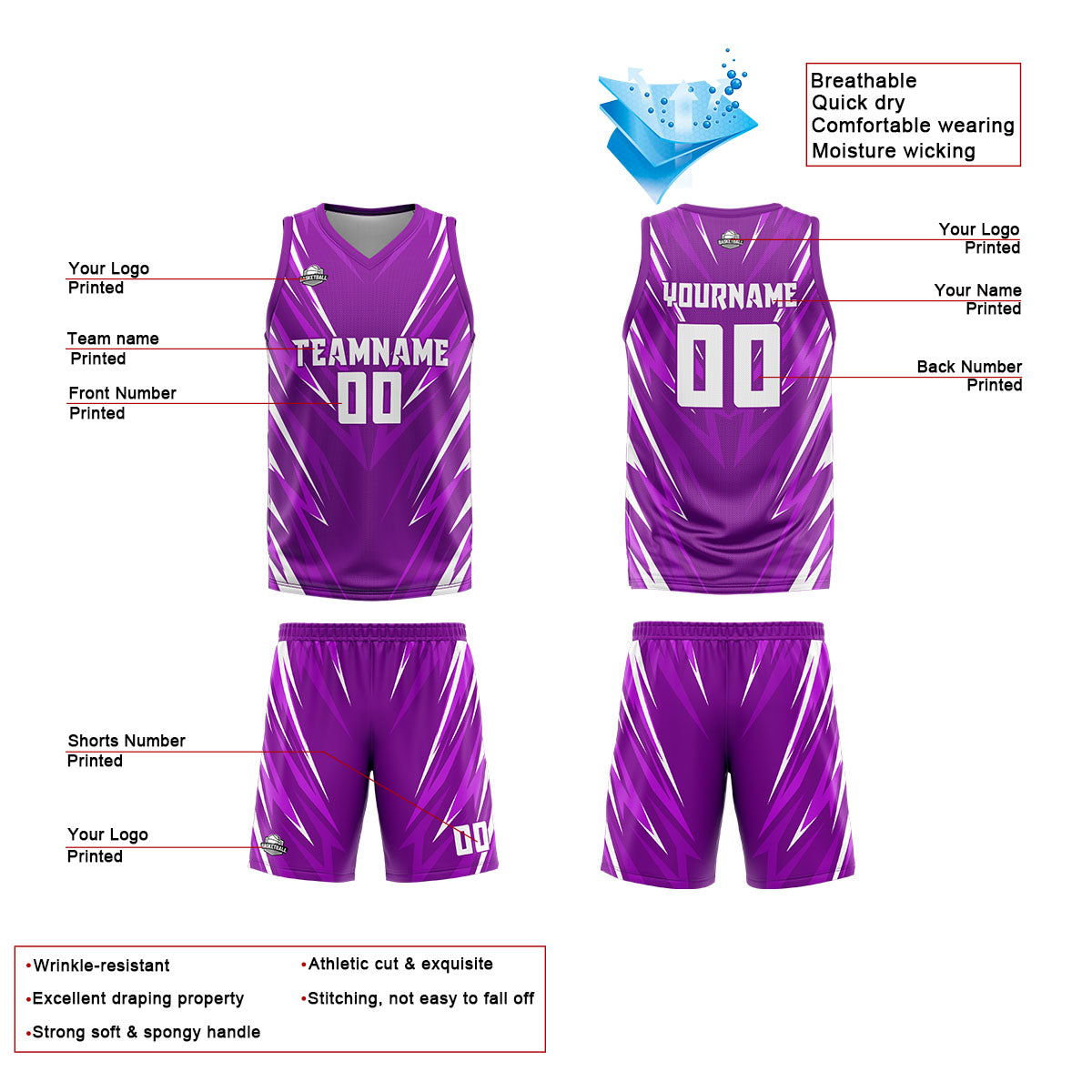 Custom Triangle Purple Basketball Jersey Uniform Suit Printed Your Logo Name Number
