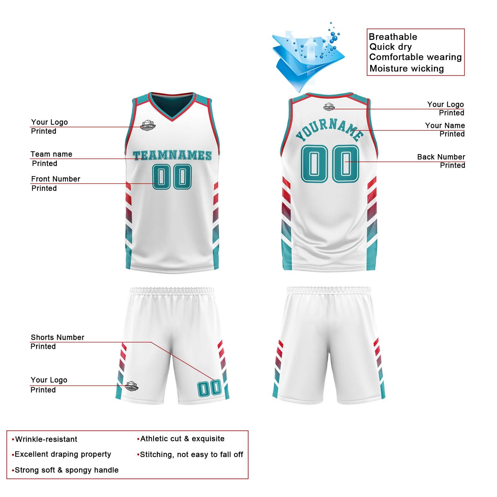 Custom White Teal Red Reversible Basketball Suit for Adults and Kids Personalized Jersey