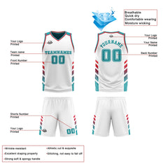 Custom White Teal Red Reversible Basketball Suit for Adults and Kids Personalized Jersey