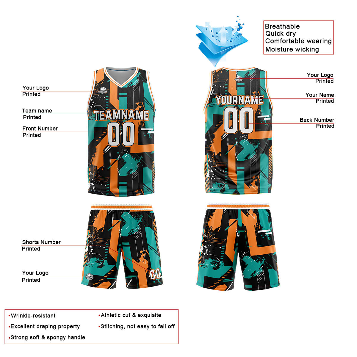 Custom Geometry Aqua Orange Basketball Jersey Uniform Suit Printed Your Logo Name Number