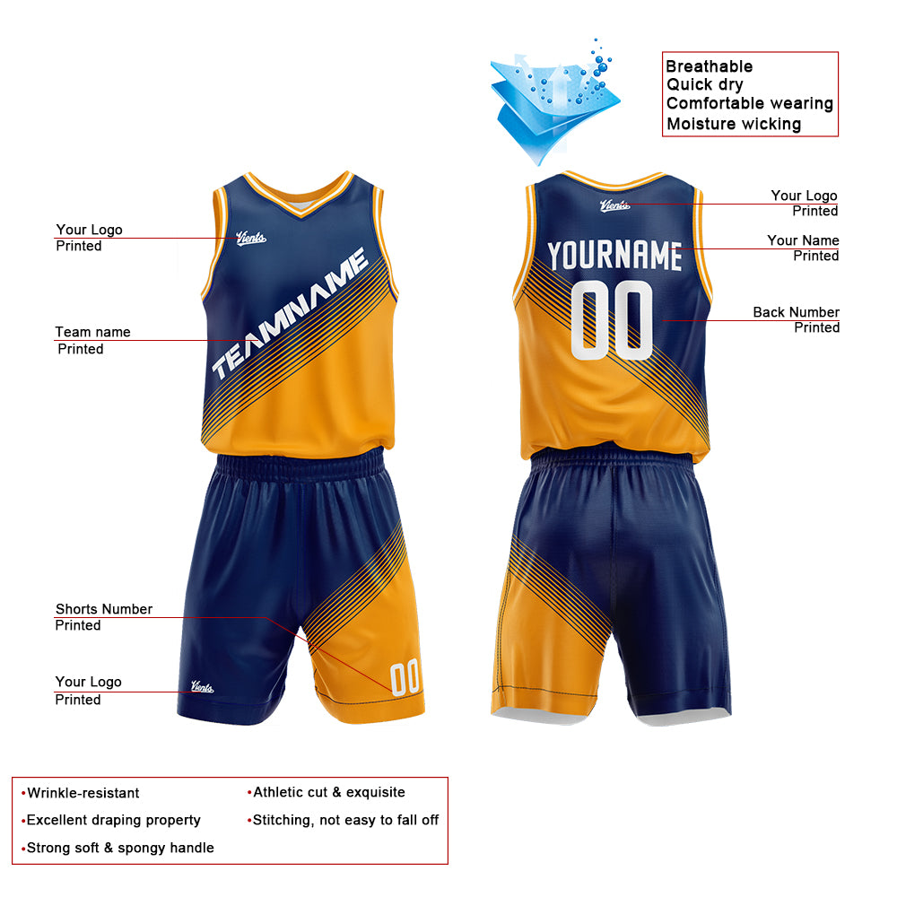 Custom Navy Yellow Basketball Jersey Uniform Suit Printed Your Logo Name Number