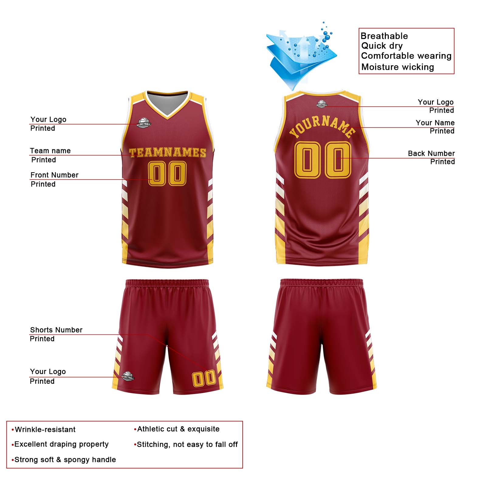 Custom Burgundy White Yellow Reversible Basketball Suit for Adults and Kids Personalized Jersey