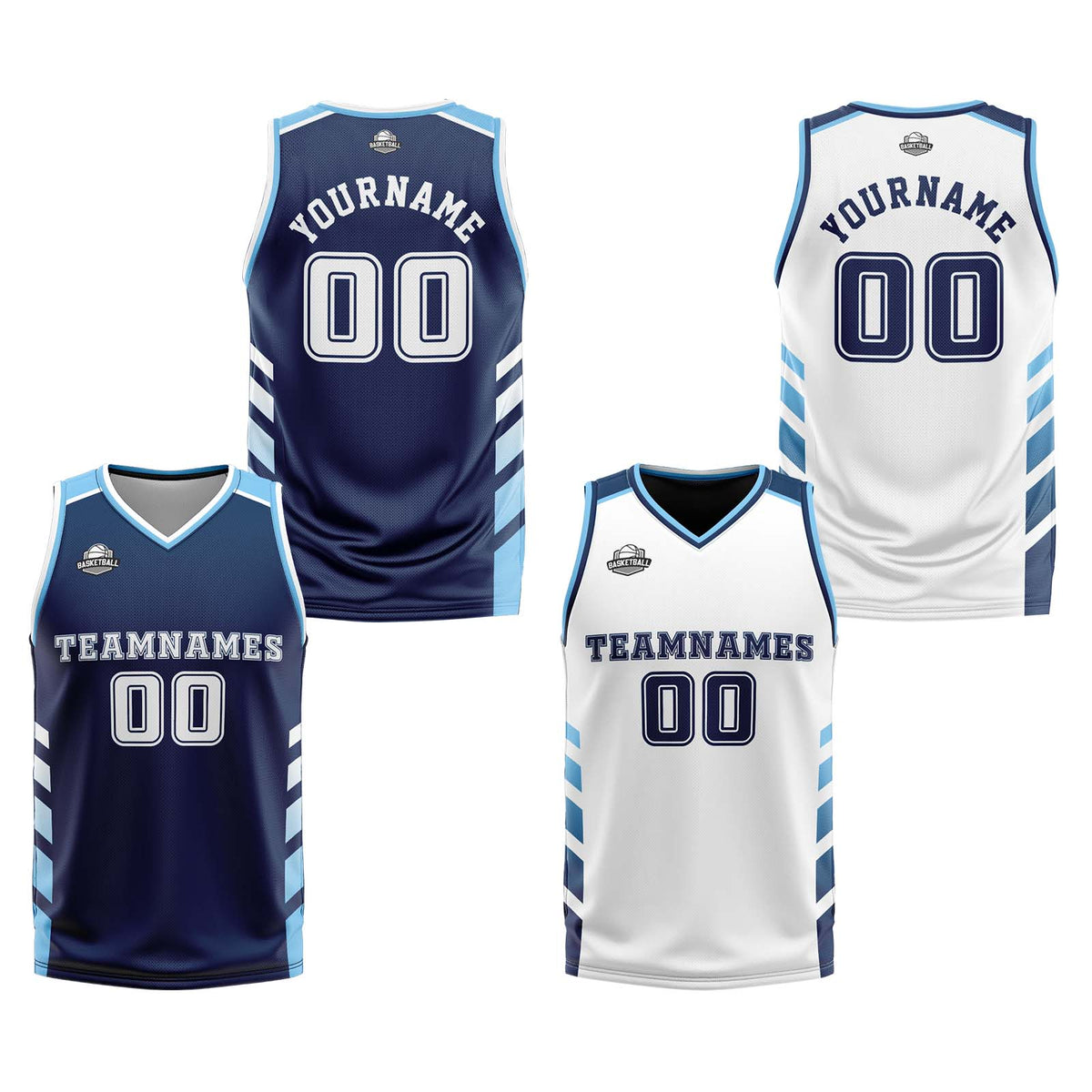 Custom Navy White Light  Blue Reversible Basketball Suit for Adults and Kids Personalized Jersey
