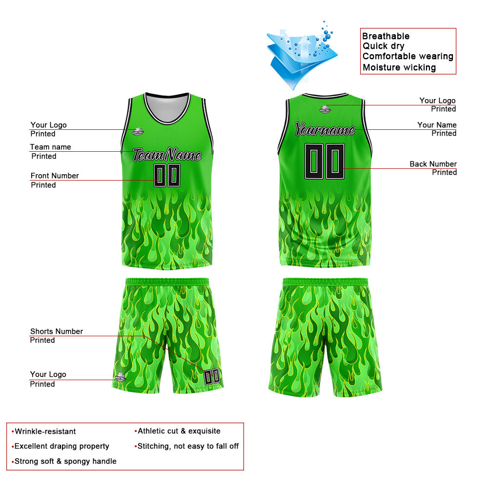Custom Green flame Basketball Jersey Uniform Suit Printed Your Logo Name Number