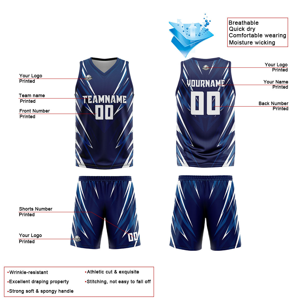 Custom Triangle Dark Blue Basketball Jersey Uniform Suit Printed Your Logo Name Number