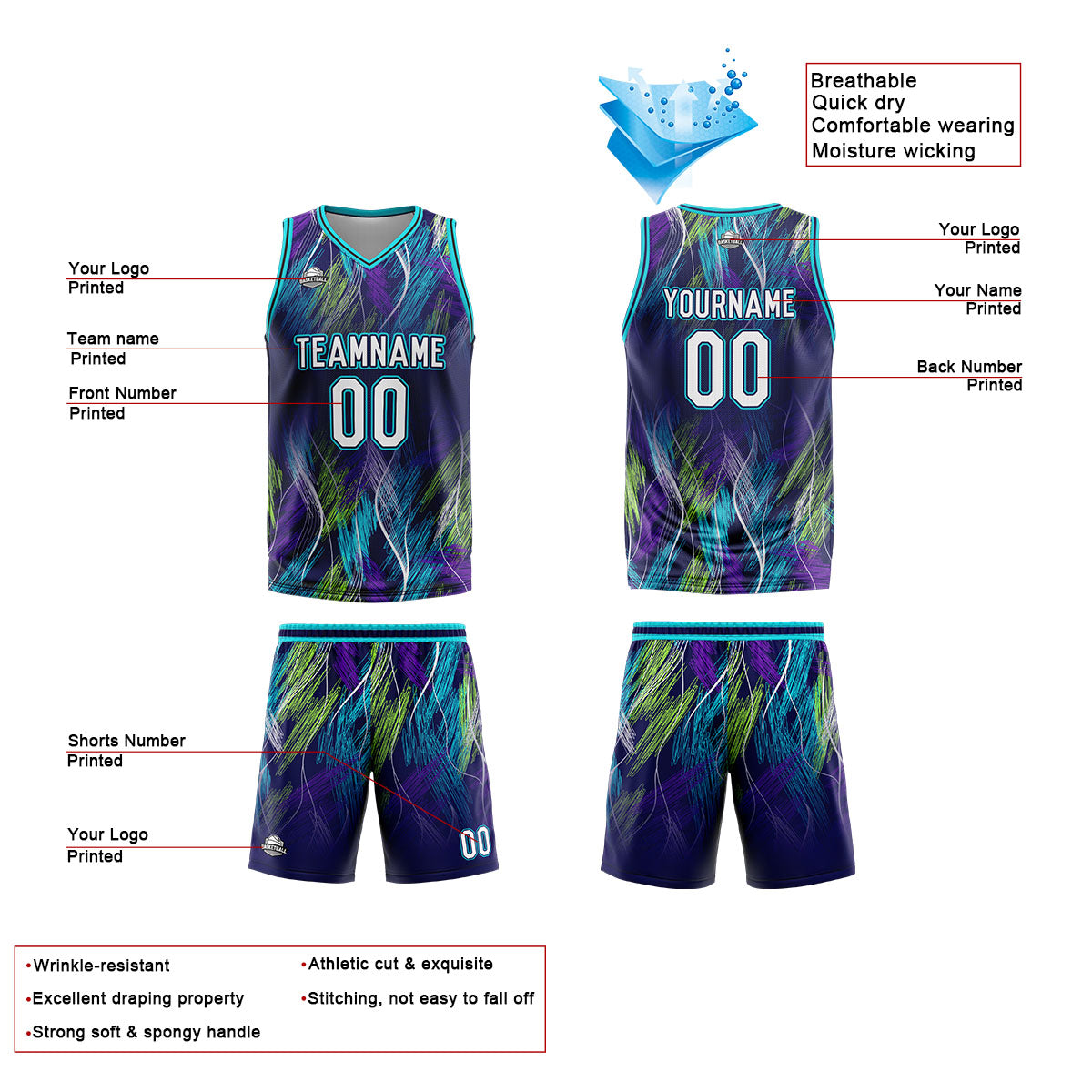 Custom Line Purple Light Blue Basketball Jersey Uniform Suit Printed Your Logo Name Number