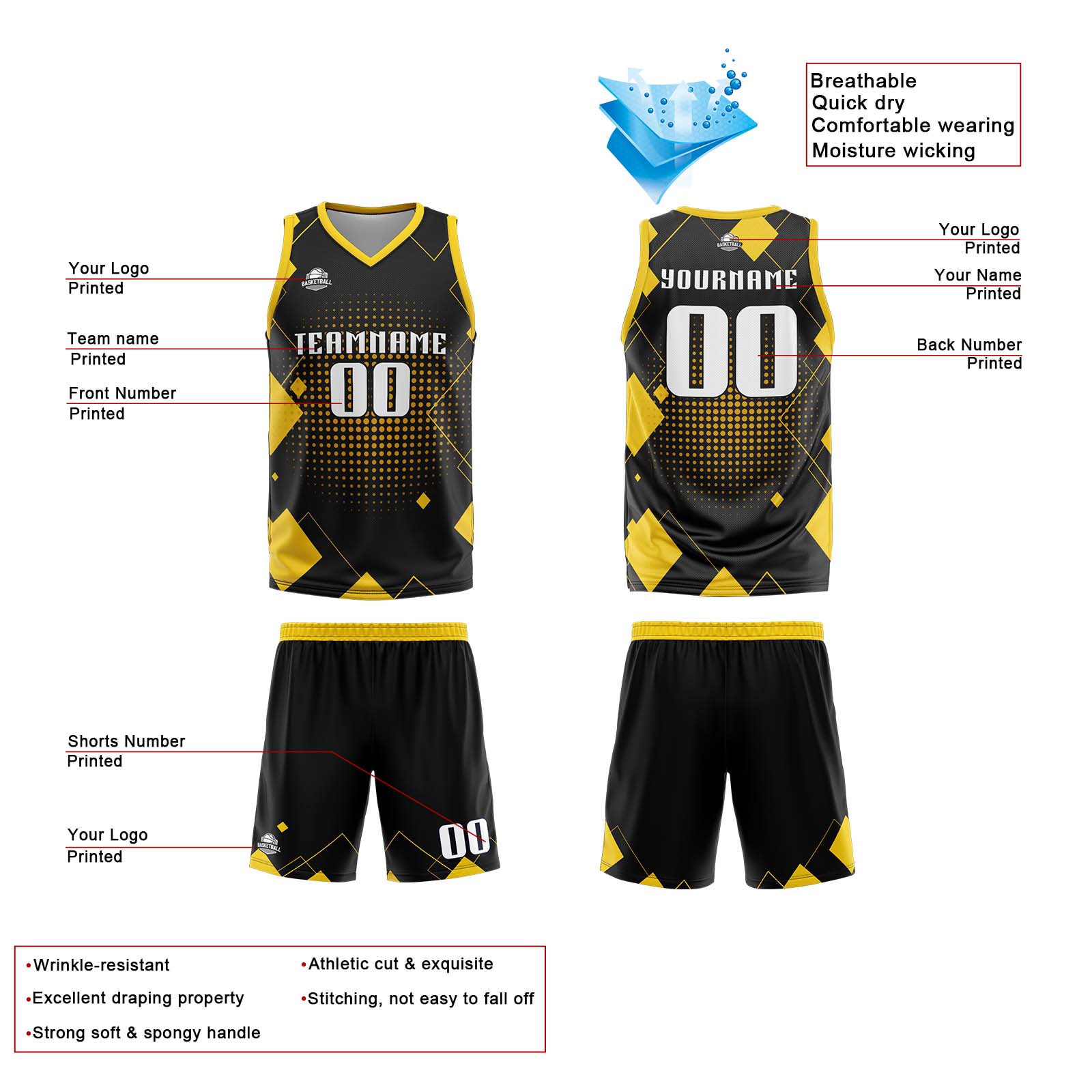 Custom Geometry Yellow Basketball Jersey Uniform Suit Printed Your Logo Name Number