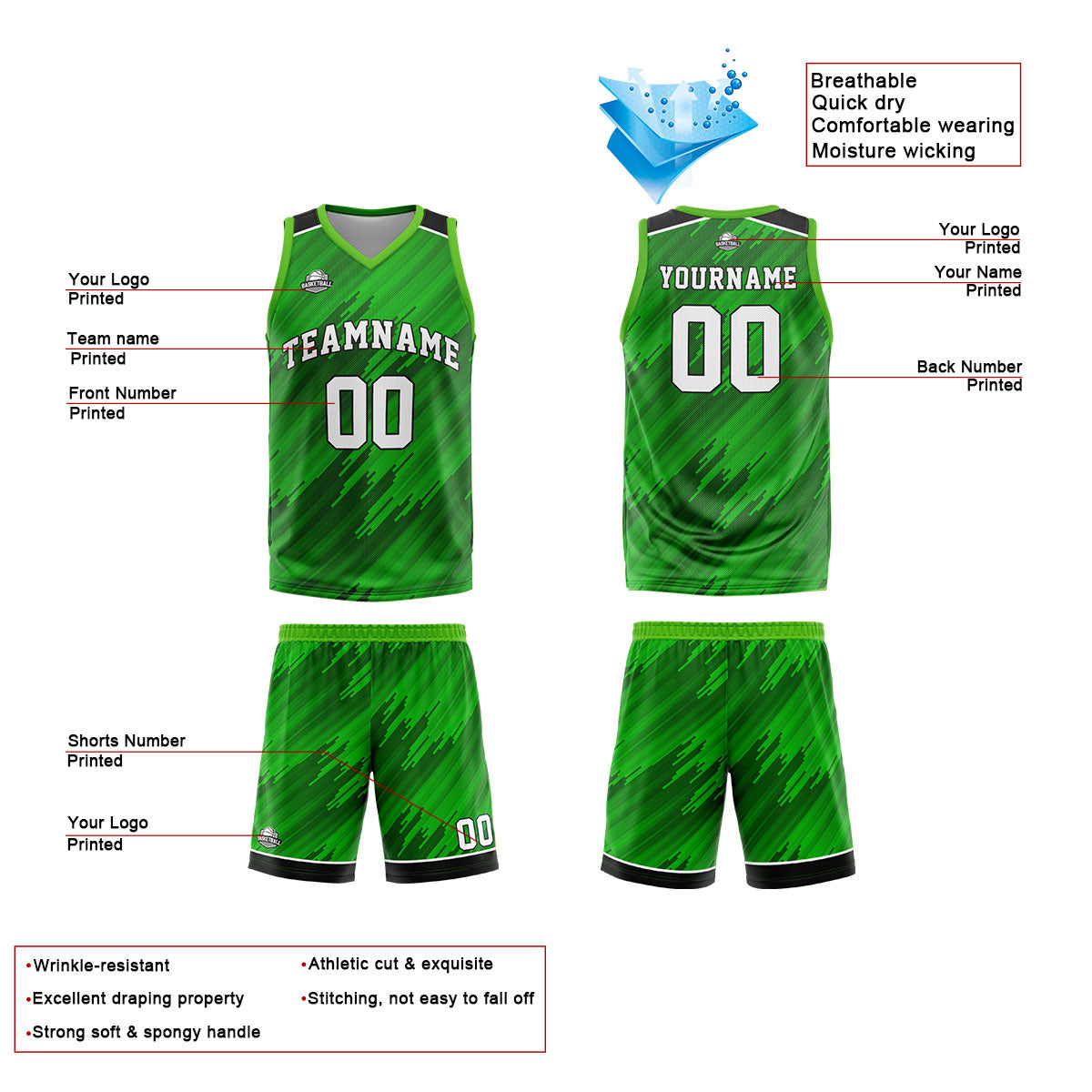 Custom Strip-Type Green Basketball Jersey Uniform Suit Printed Your Logo Name Number