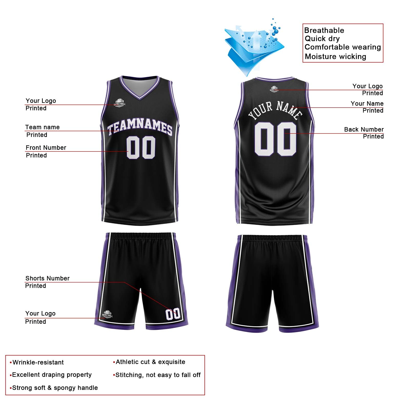 Custom Black White Purple Reversible Basketball Suit for Adults and Kids Personalized Jersey
