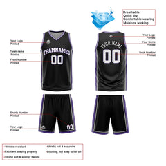 Custom Black White Purple Reversible Basketball Suit for Adults and Kids Personalized Jersey