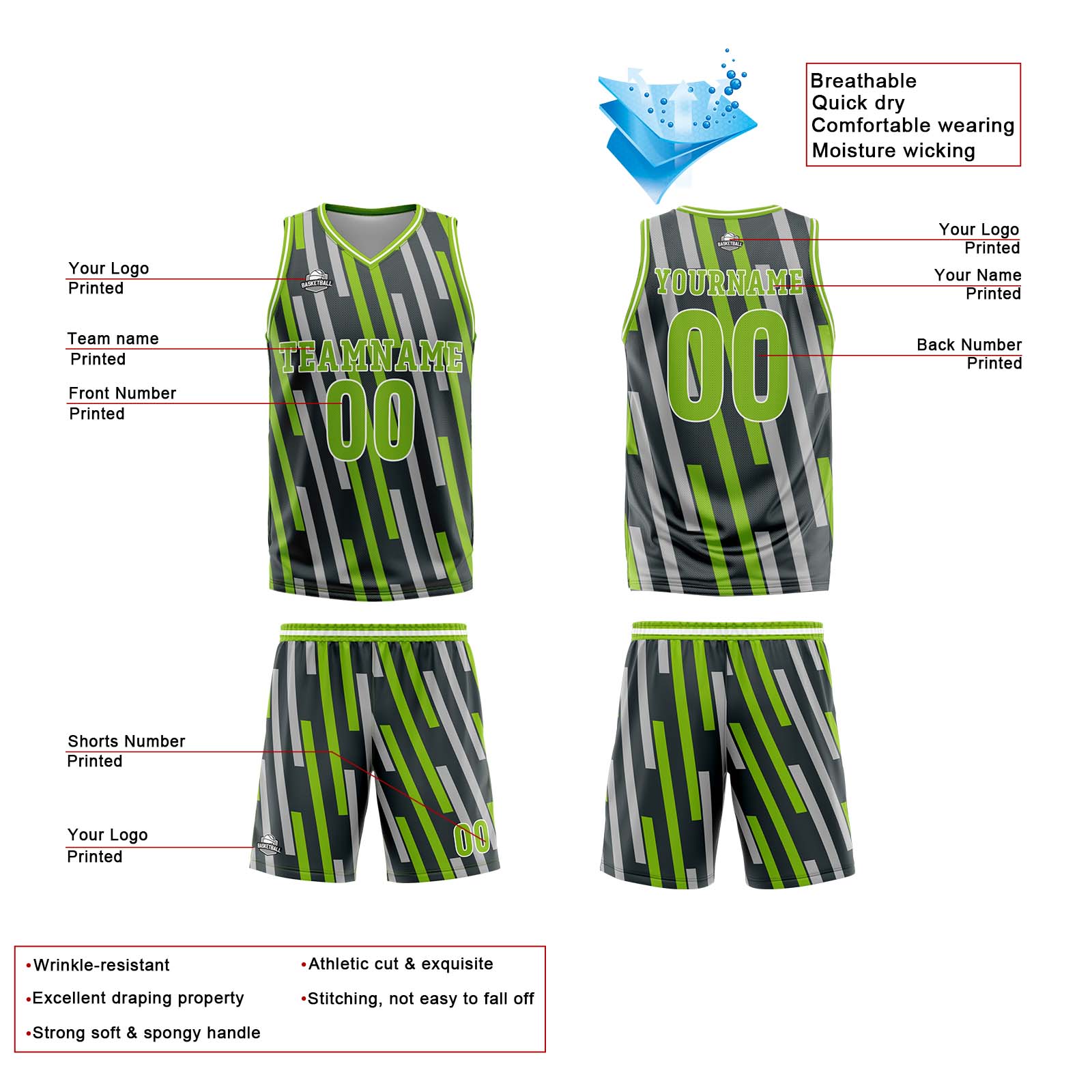 Custom Vertical Bar Green Grey Basketball Jersey Uniform Suit Printed Your Logo Name Number