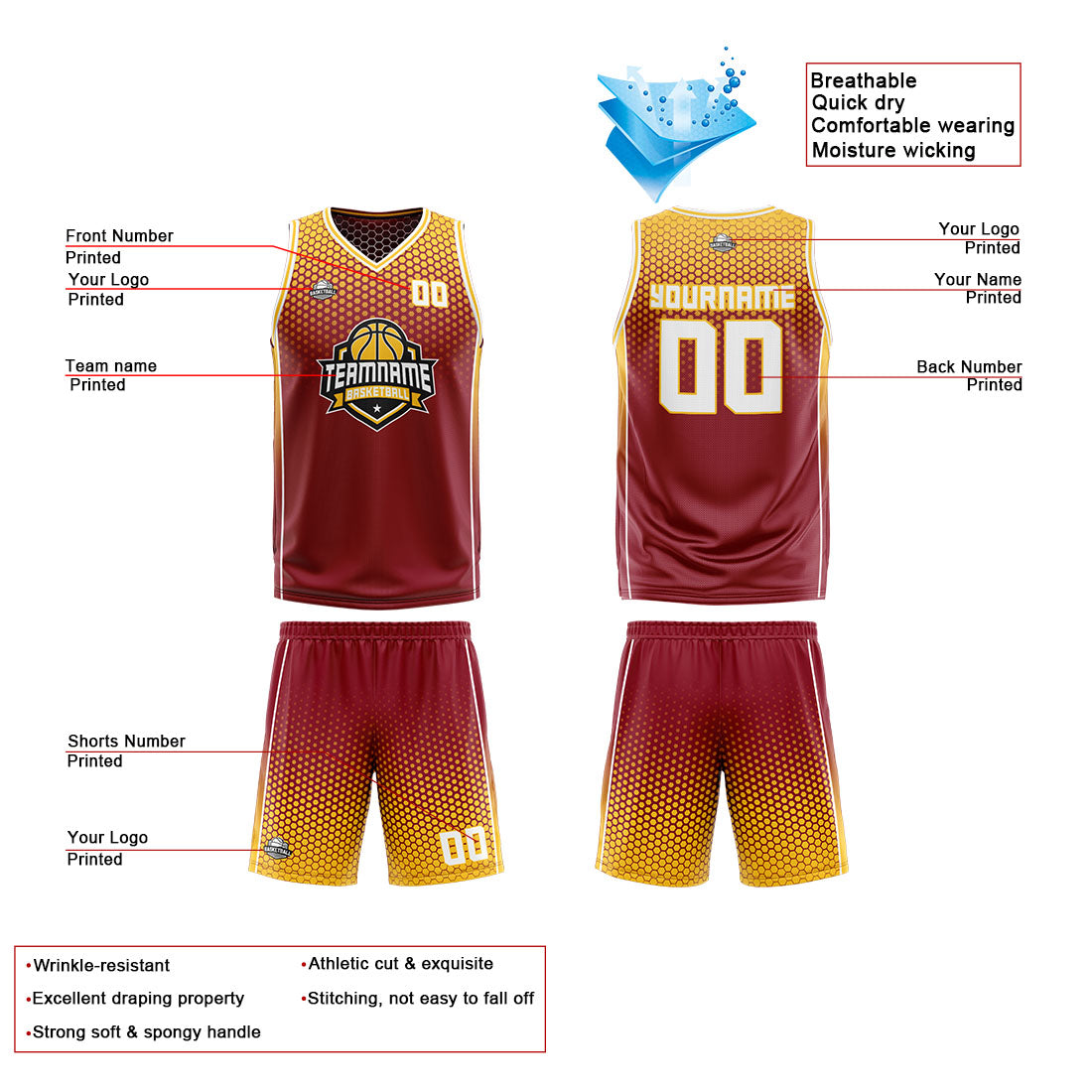 Custom Crimson Yellow Reversible Basketball Suit for Adults and Kids Personalized Jersey
