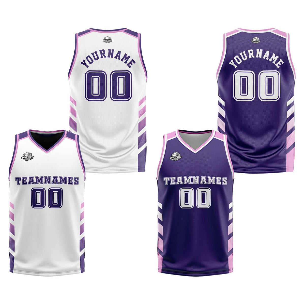 Custom White Purple Pink Reversible Basketball Suit for Adults and Kids Personalized Jersey