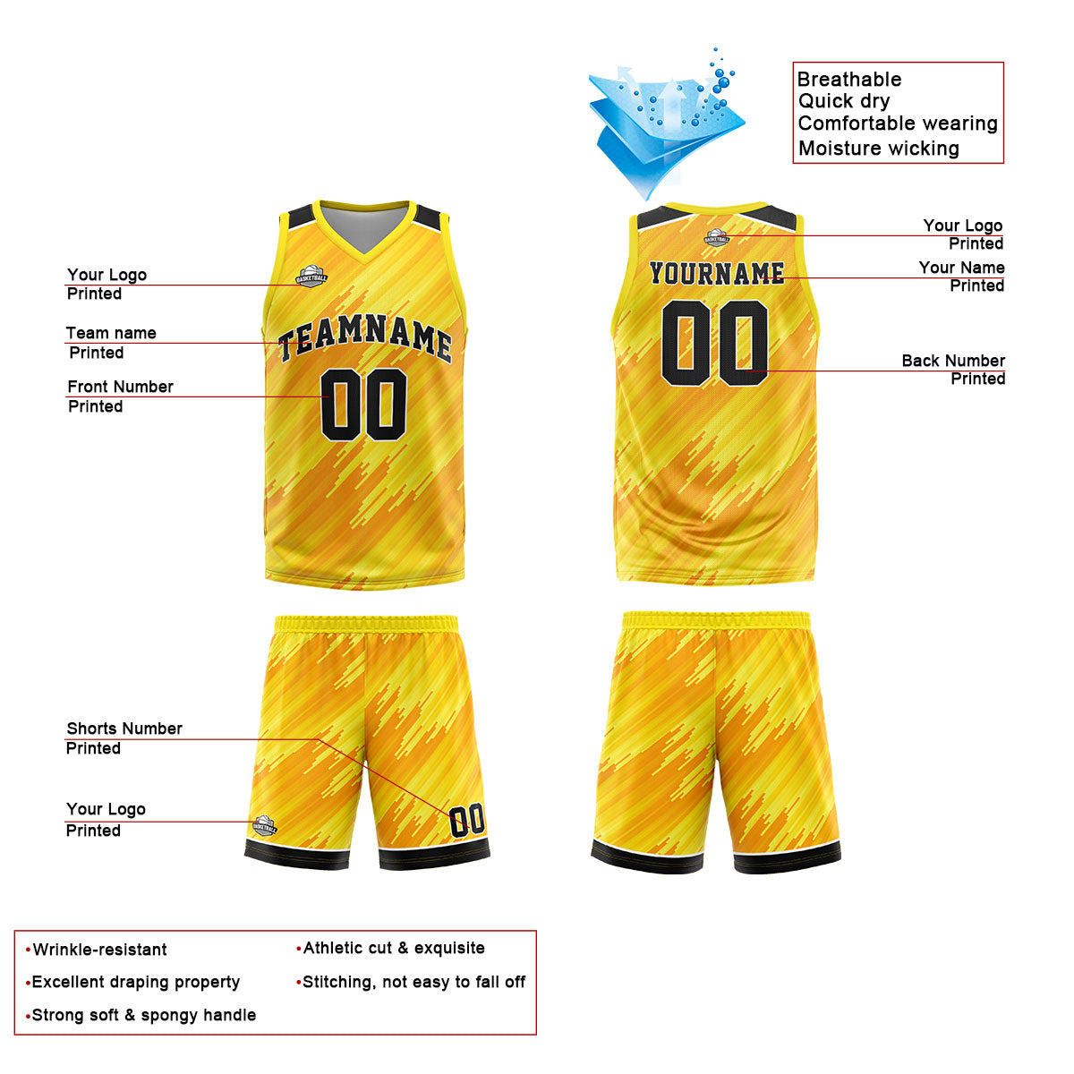 Custom Strip-Type Yellow Basketball Jersey Uniform Suit Printed Your Logo Name Number