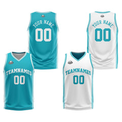 Custom Cyan White Reversible Basketball Suit for Adults and Kids Personalized Jersey