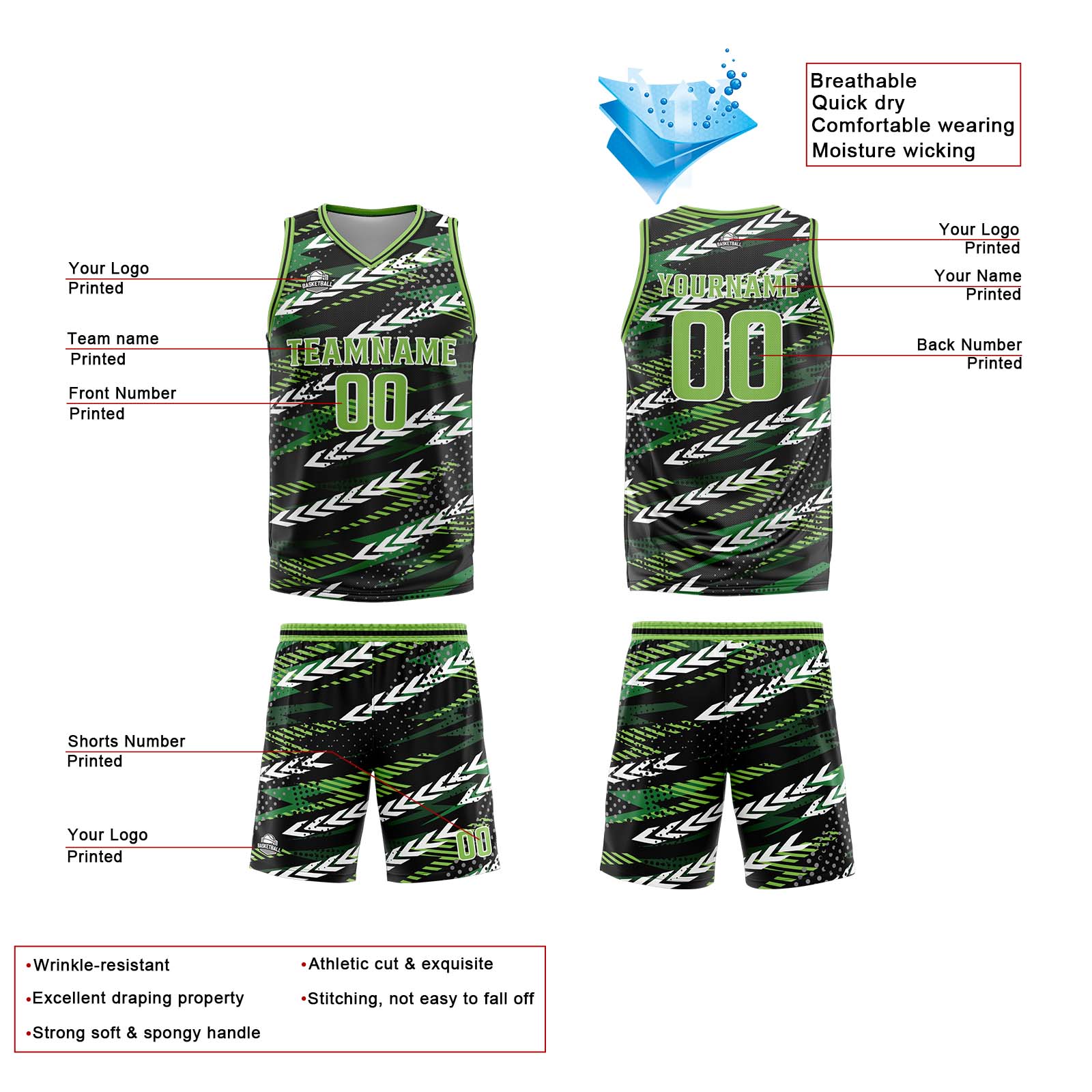 Custom Black Green Basketball Jersey Uniform Suit Printed Your Logo Name Number