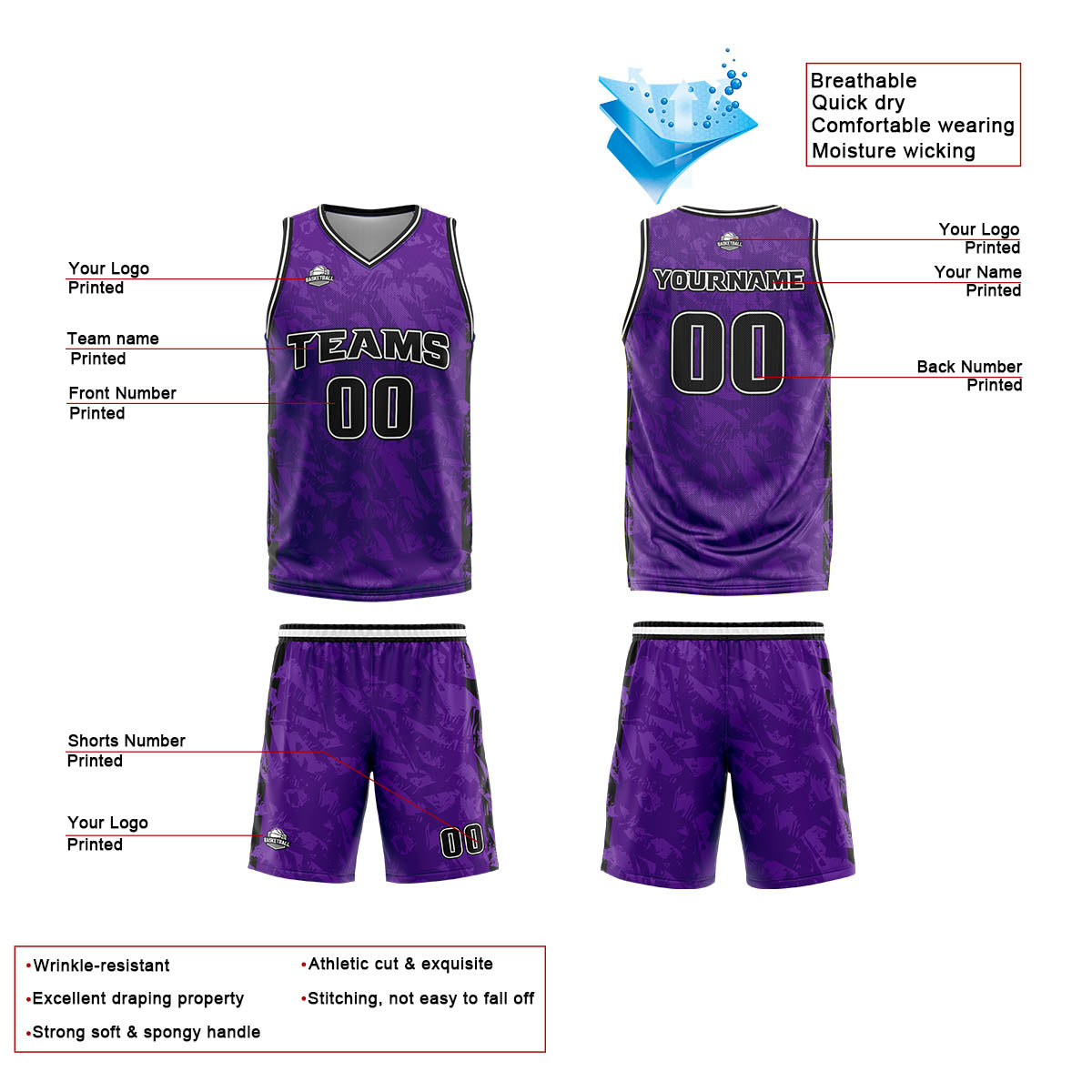 Custom Broken Purple Basketball Jersey Uniform Suit Printed Your Logo Name Number