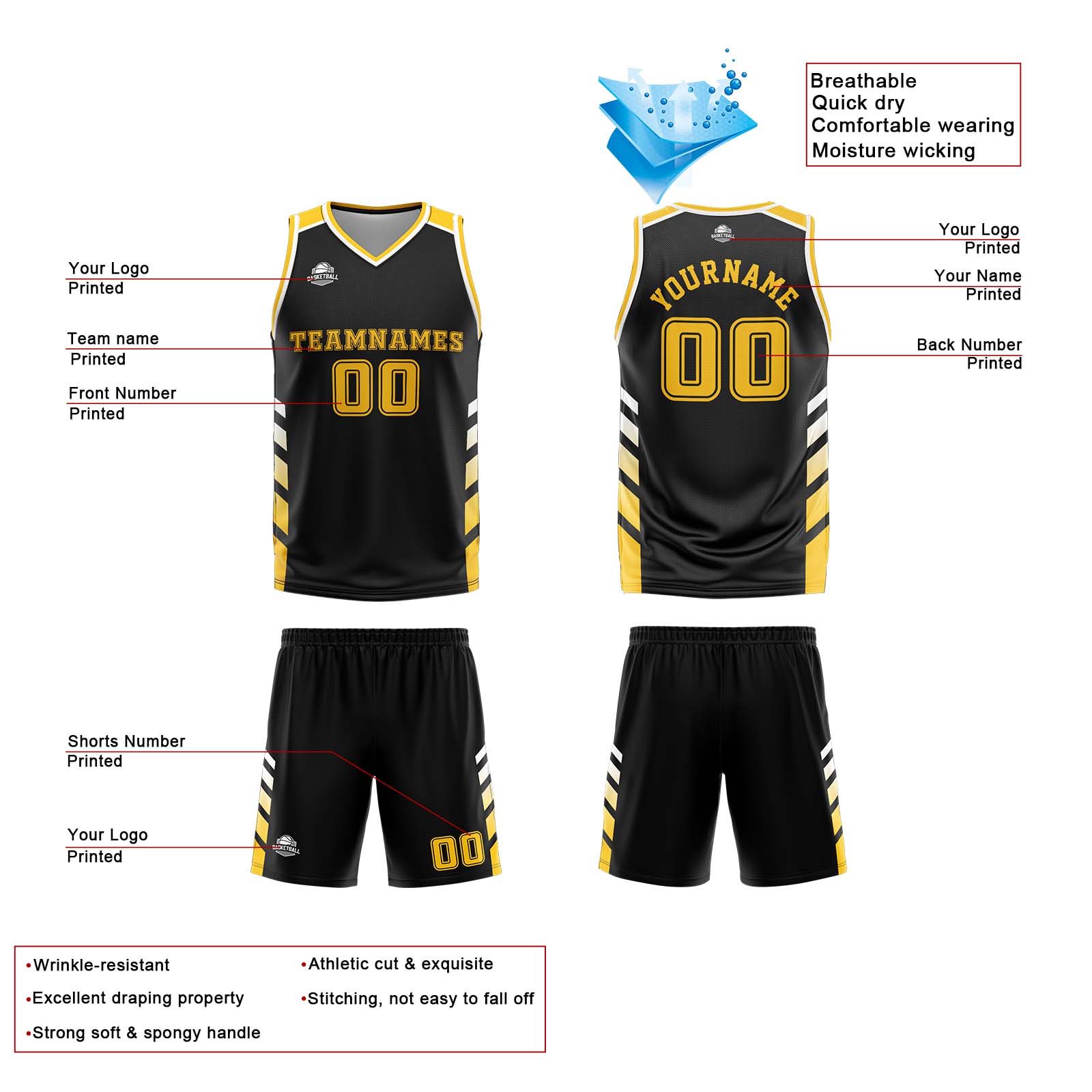 Custom Black White Yellow Reversible Basketball Suit for Adults and Kids Personalized Jersey
