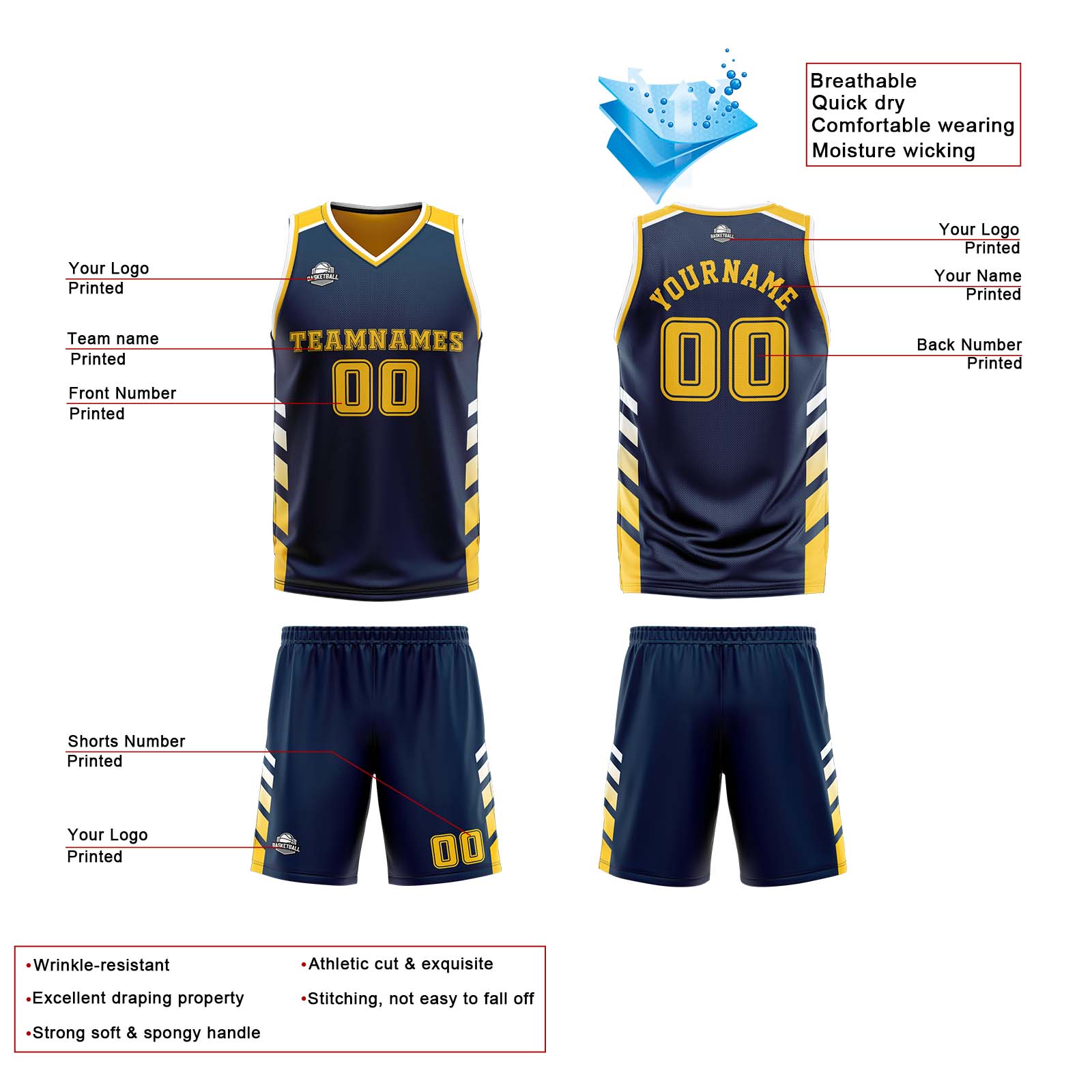 Custom Navy Yellow White Reversible Basketball Suit for Adults and Kids Personalized Jersey