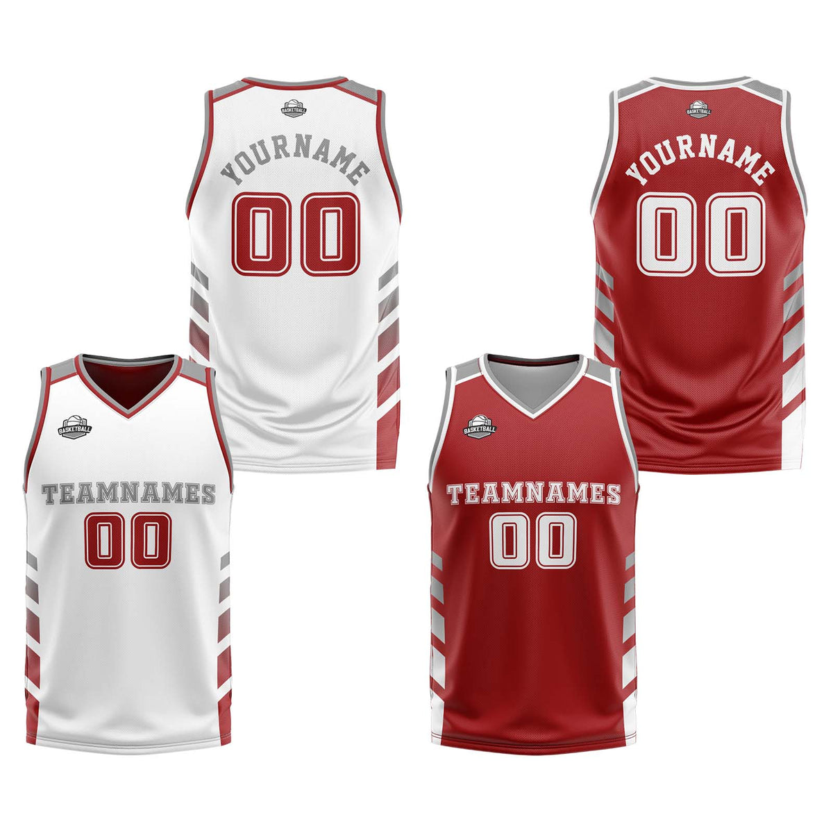 Custom White Red Grey Reversible Basketball Suit for Adults and Kids Personalized Jersey