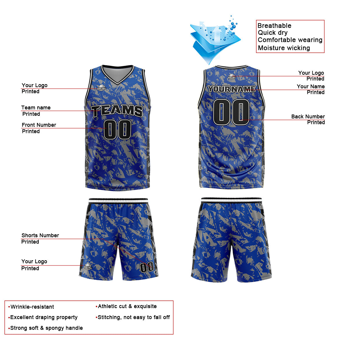 Custom Broken Royal Grey Basketball Jersey Uniform Suit Printed Your Logo Name Number